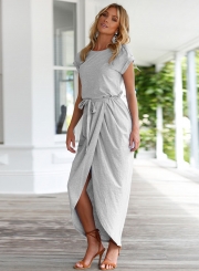 Short Sleeve Slit Maxi Dress with Belt