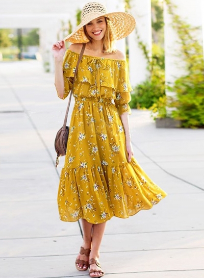 Boho Off Shoulder Ruffle Floral Printed Midi Dress