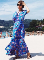 Boho V Neck Backless Floral Printed Maxi Dress