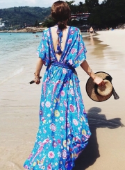 Boho V Neck Backless Floral Printed Maxi Dress