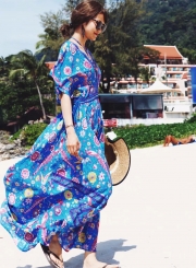 Boho V Neck Backless Floral Printed Maxi Dress