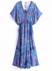 Boho V Neck Backless Floral Printed Maxi Dress