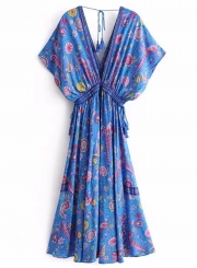 Boho V Neck Backless Floral Printed Maxi Dress