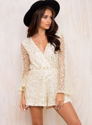 V Neck Flare Sleeve Lace Romper