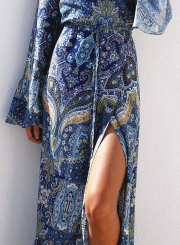 Boho V Neck Flare Sleeve Slit Maxi Dress