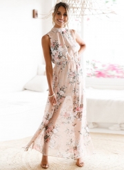 Fashion Sleeveless Floral Slit Maxi Chiffon Backless Dress