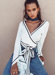 V Neck Flare Sleeve Tie Waist Crop Tee