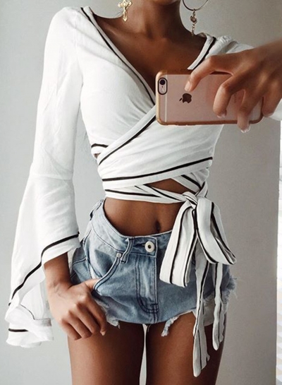 V Neck Flare Sleeve Tie Waist Crop Tee