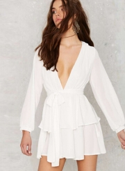 Fashion V Neck Long Sleeve Ruffle Chiffon Dress