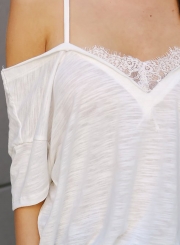 Off Shoulder Short Sleeve Lace Splicing Tee