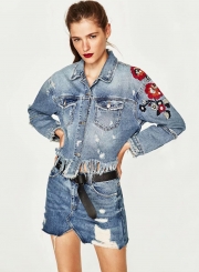 Fashion Floral Embroidery Fringed Denim Jacket