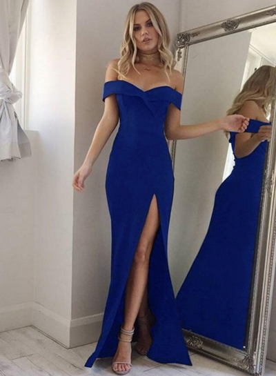 Fashion Off Shoulder Solid Color Slit Maxi Dress zecalaba.com