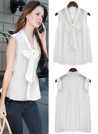 Casual Sleeveless Knot Chiffon Shirt zecalaba.com