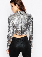 Fashion Long Sleeve Sequins Crop Top