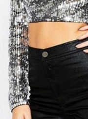 Fashion Long Sleeve Sequins Crop Top