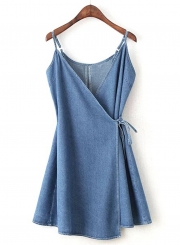 V Neck Sleeveless Mini Denim Dress