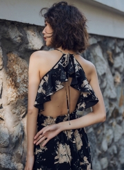 V Neck Sleeveless Backless Floral Maxi Dress