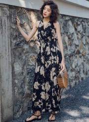 V Neck Sleeveless Backless Floral Maxi Dress