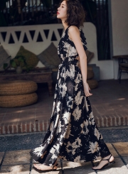 V Neck Sleeveless Backless Floral Maxi Dress