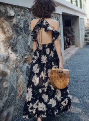 V Neck Sleeveless Backless Floral Maxi Dress