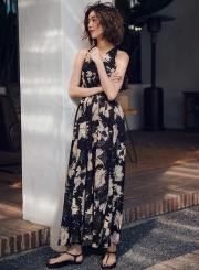 V Neck Sleeveless Backless Floral Maxi Dress