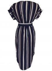 Short Sleeve Stripe Irregular Shirt Dress with Belt