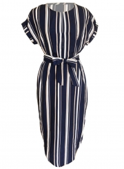 Short Sleeve Stripe Irregular Shirt Dress with Belt