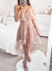 Off Shoulder Short Sleeve Lace High Low Party Dress