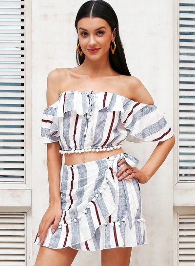 Women's Fashion Stripe Off Shoulder 2 Piece Skirt Set Dress Outfit YOYOTSHOP.com