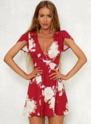 Fashion V Neck Short Sleeve Floral Mini Dress