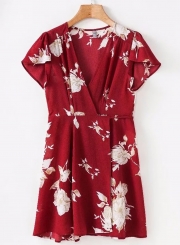 Fashion V Neck Short Sleeve Floral Mini Dress