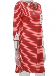 Casual 3/4 Sleeve Stripe Dress with Pocket