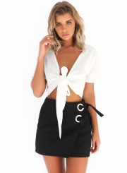 V Neck Short Sleeve Knot front Crop Top