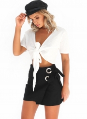 V Neck Short Sleeve Knot front Crop Top