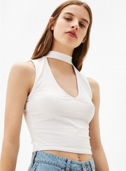 Fashion Halter V Neck Sleeveless Slim Fit Tee