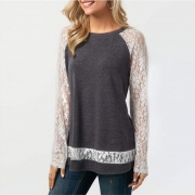 Casual Long Sleeve Lace Loose Fit Tee