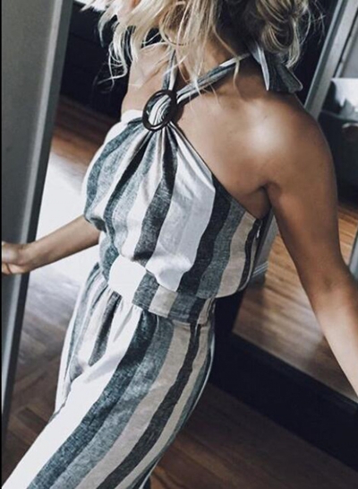 Fashion Backless Halter Striped Jumpsuits zecalaba.com