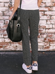 Stripe Drawstring Waist Casual Ankle Pants