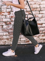 Stripe Drawstring Waist Casual Ankle Pants