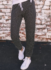 Stripe Drawstring Waist Casual Ankle Pants