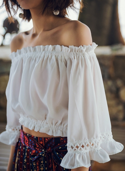 Slash Neck off Shoulder Flounce Blouses zecalaba.com