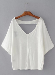 V Neck Short Sleeve Backless Loose Tee