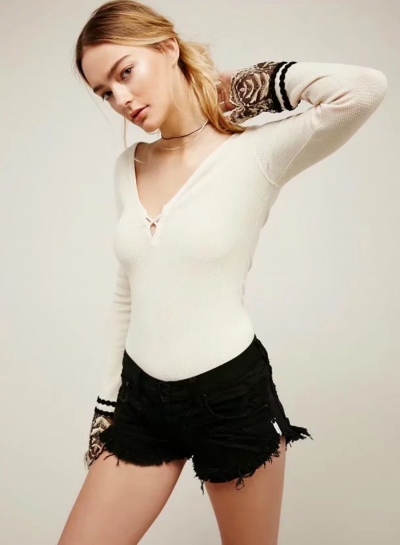 V Neck Long Sleeve Backless Slim Fit Lace Tee zecalaba.com