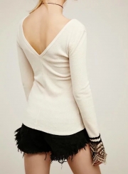 V Neck Long Sleeve Backless Slim Fit Lace Tee