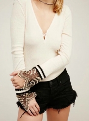 V Neck Long Sleeve Backless Slim Fit Lace Tee