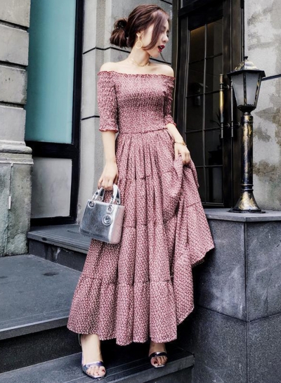 Off Shoulder Pleat Maxi Dress