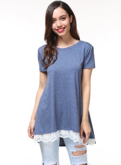 Round Neck Short Sleeve Stitching Lace Tee zecalaba.com