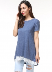 Round Neck Short Sleeve Stitching Lace Tee