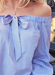 Fashion Slash Neck Off Shoulder Bow Striped Printed Blouse