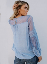 Round Neck Stitching lace Lantern Sleeve Loose Blouse